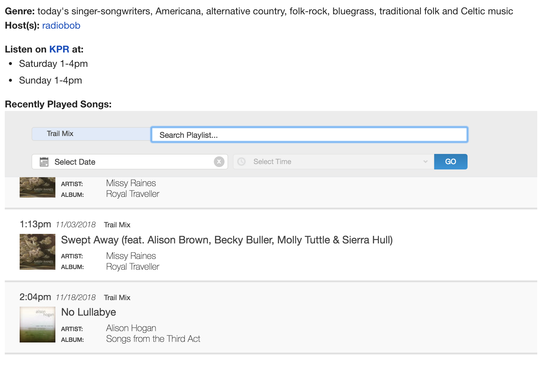 2018 11 18 KPR TRACK LIST
